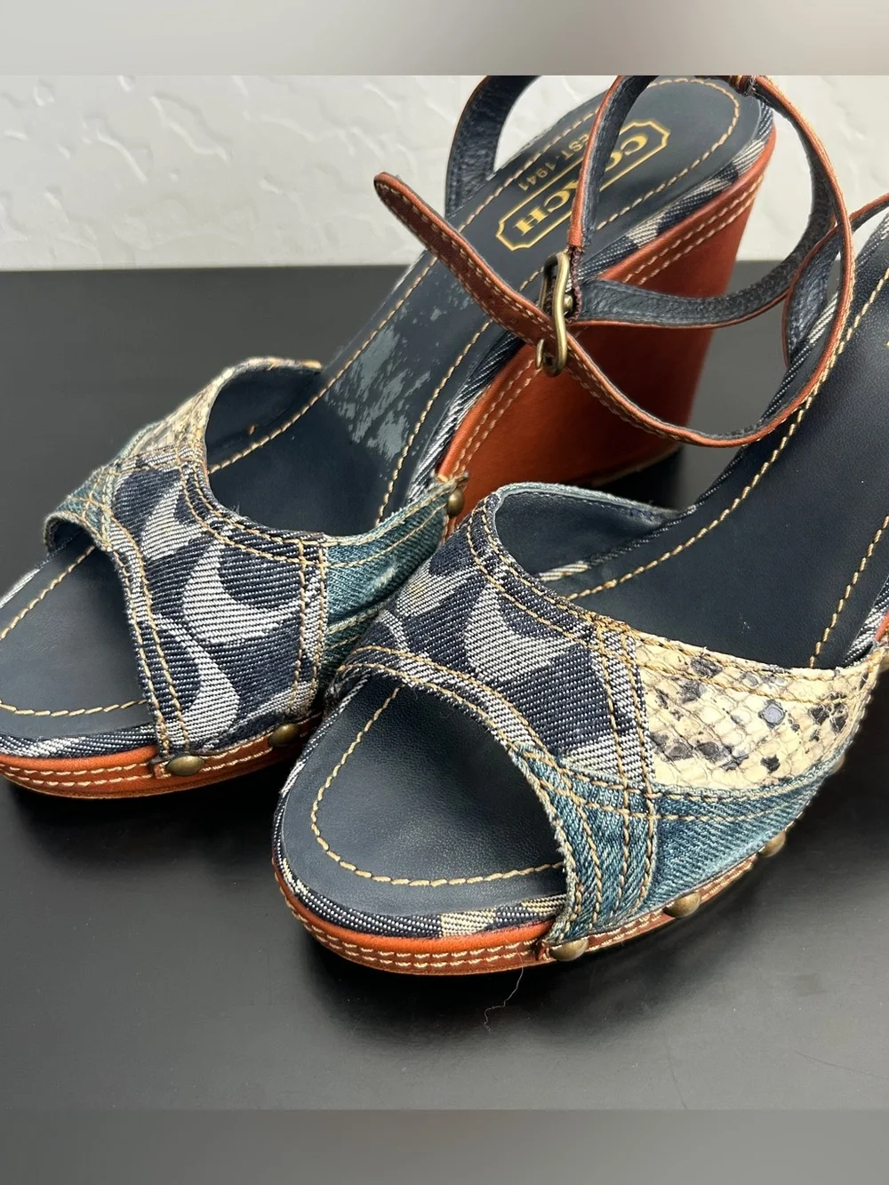 Coach Lynda Denim and Snakskin Patchwork Wedge